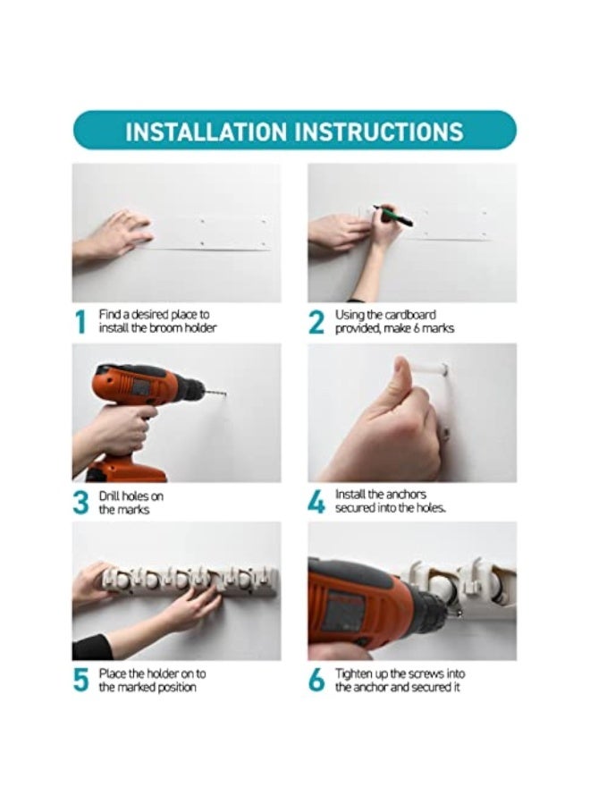 Plastic Mop & Broom Holder Wall Mount, 5 Position Organizer with 6 Hooks – Heavy-Duty Garage & Home Storage System - Image 5